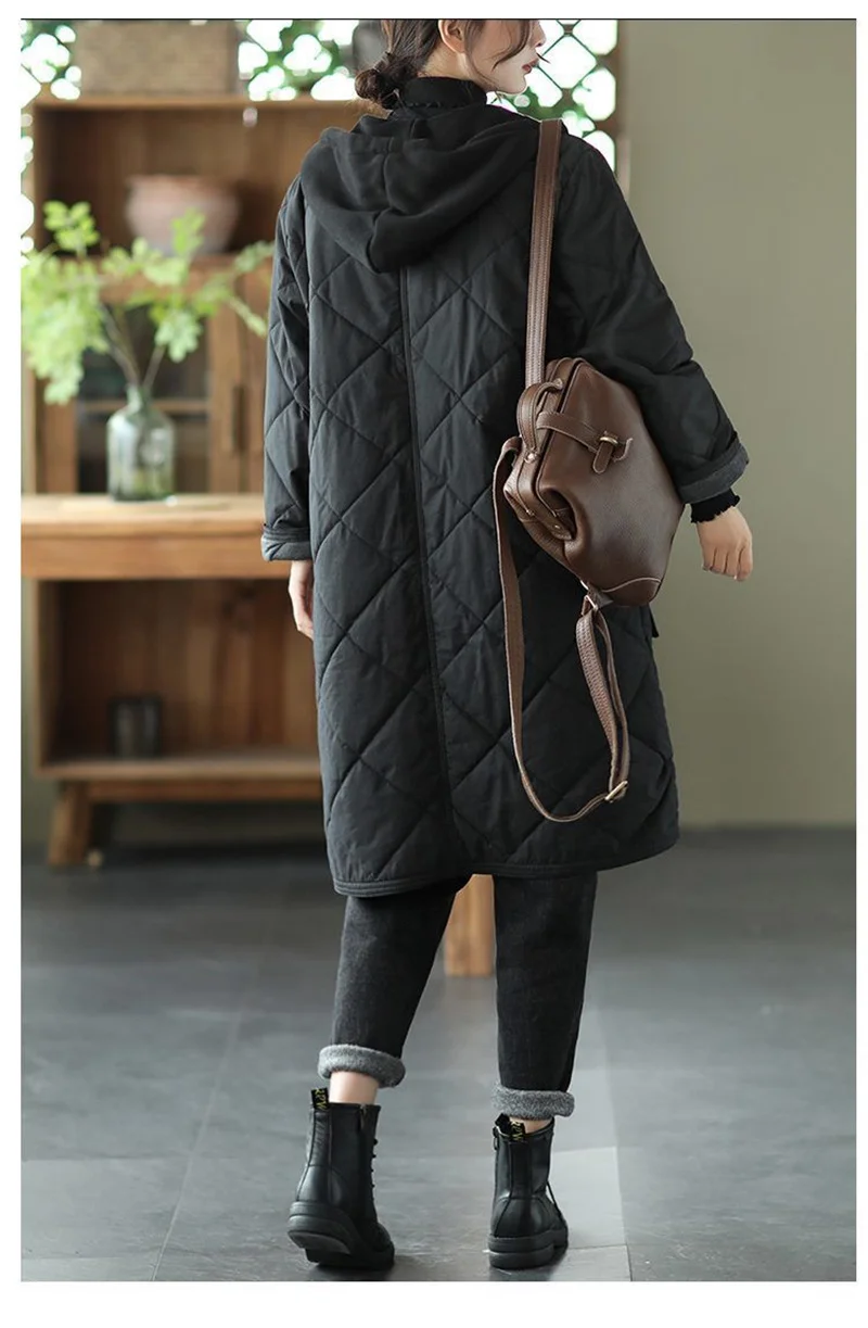Winter New Literature and Art Large Lingge Hooded Cotton Jacket Women's Loose Relaxed Medium length Cotton Jacket Female Parka