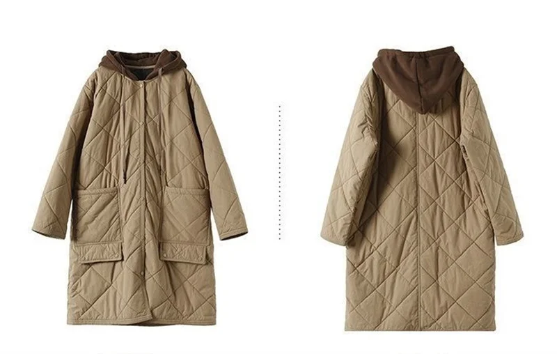 Winter New Literature and Art Large Lingge Hooded Cotton Jacket Women's Loose Relaxed Medium length Cotton Jacket Female Parka