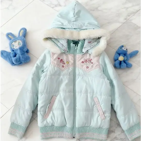 Japanese Reversible Women Parkas Kawaii Cartoon Embroidery Warm Long Sleeve Jackets Winter Chic Casual Zip Up Cotton Padded Coat