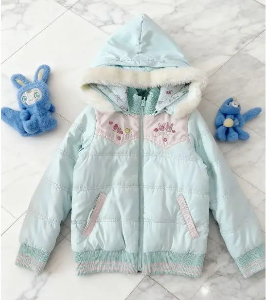 Japanese Reversible Women Parkas Kawaii Cartoon Embroidery Warm Long Sleeve Jackets Winter Chic Casual Zip Up Cotton Padded Coat