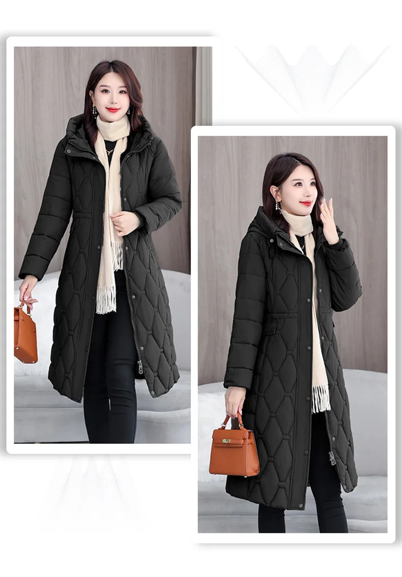Hooded Oversize Parkas Coats Women Mid Length Jackets Diamond Quilt Zipper Pocket Waist Cinched Office Lady Casual 2025 Winter