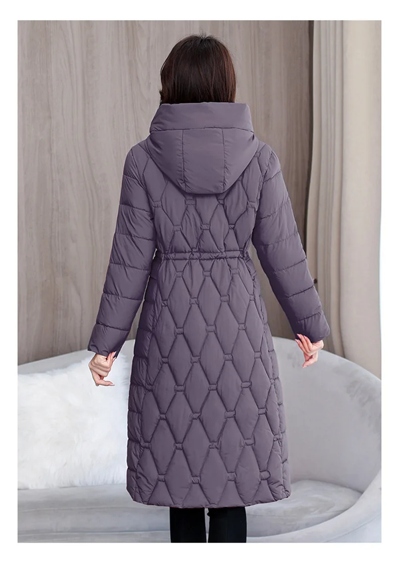 Hooded Oversize Parkas Coats Women Mid Length Jackets Diamond Quilt Zipper Pocket Waist Cinched Office Lady Casual 2025 Winter