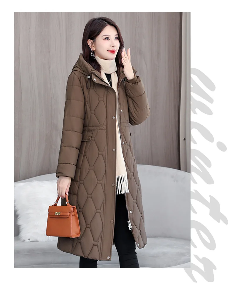 Hooded Oversize Parkas Coats Women Mid Length Jackets Diamond Quilt Zipper Pocket Waist Cinched Office Lady Casual 2025 Winter