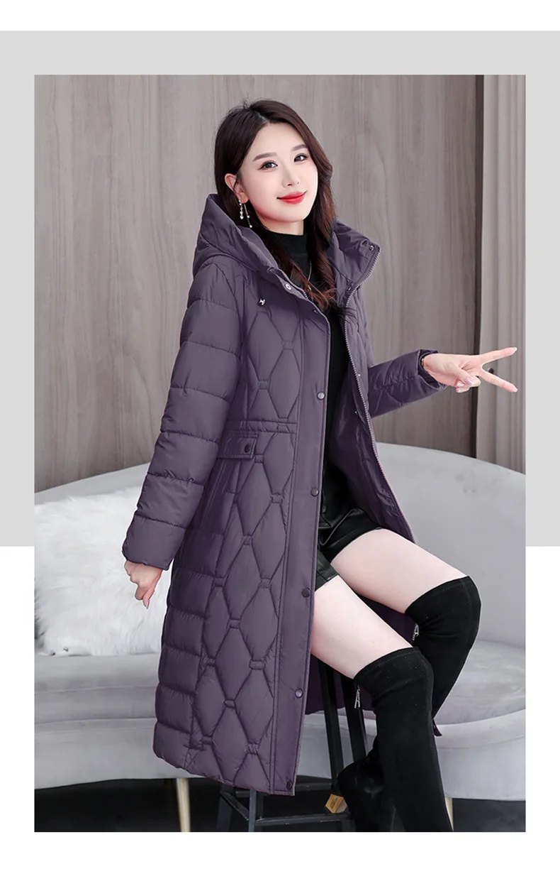 Hooded Oversize Parkas Coats Women Mid Length Jackets Diamond Quilt Zipper Pocket Waist Cinched Office Lady Casual 2025 Winter