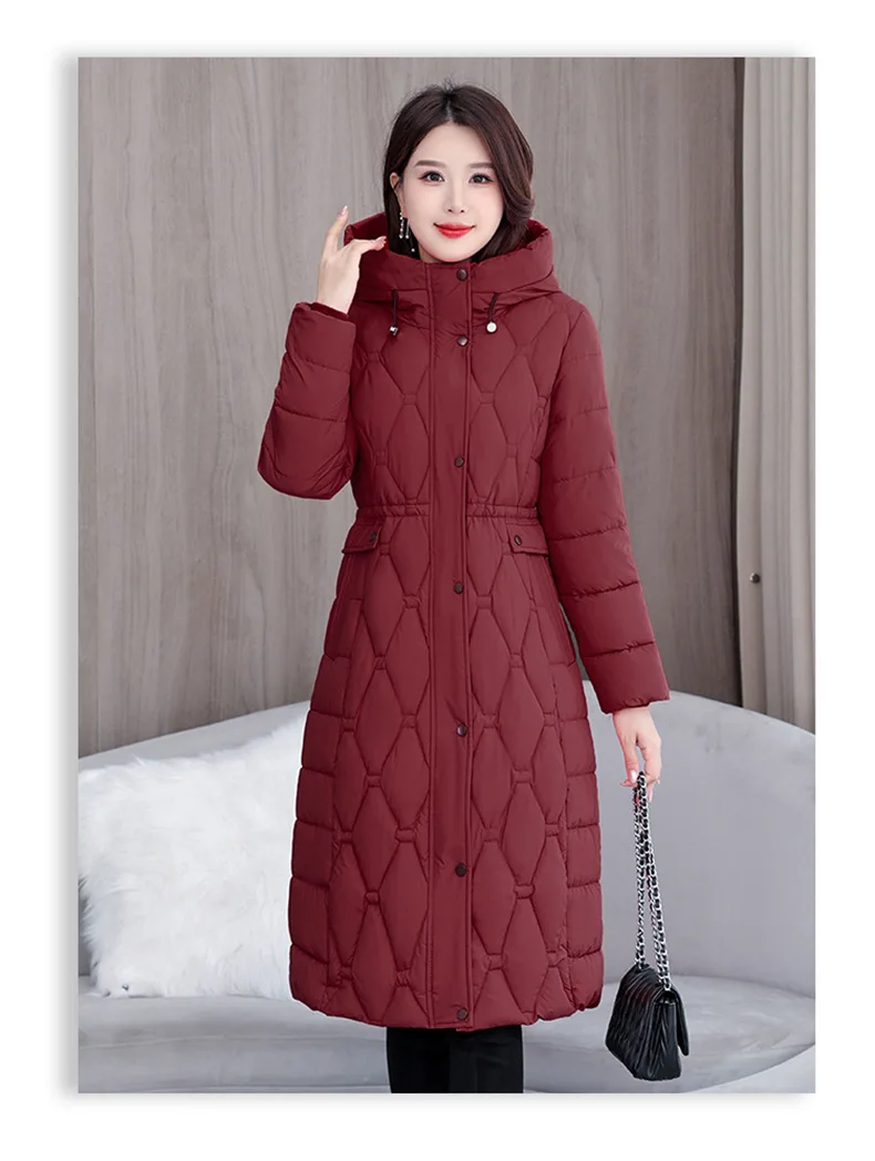 Hooded Oversize Parkas Coats Women Mid Length Jackets Diamond Quilt Zipper Pocket Waist Cinched Office Lady Casual 2025 Winter