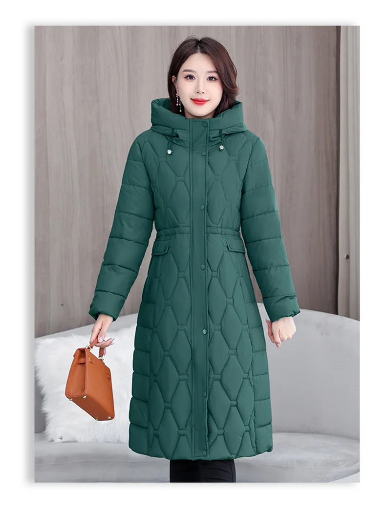 Hooded Oversize Parkas Coats Women Mid Length Jackets Diamond Quilt Zipper Pocket Waist Cinched Office Lady Casual 2025 Winter