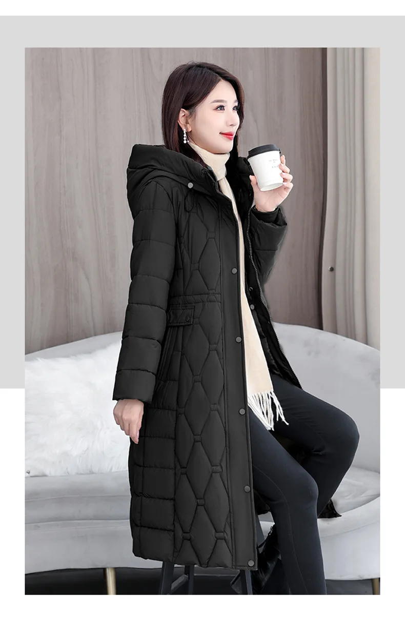 Hooded Oversize Parkas Coats Women Mid Length Jackets Diamond Quilt Zipper Pocket Waist Cinched Office Lady Casual 2025 Winter