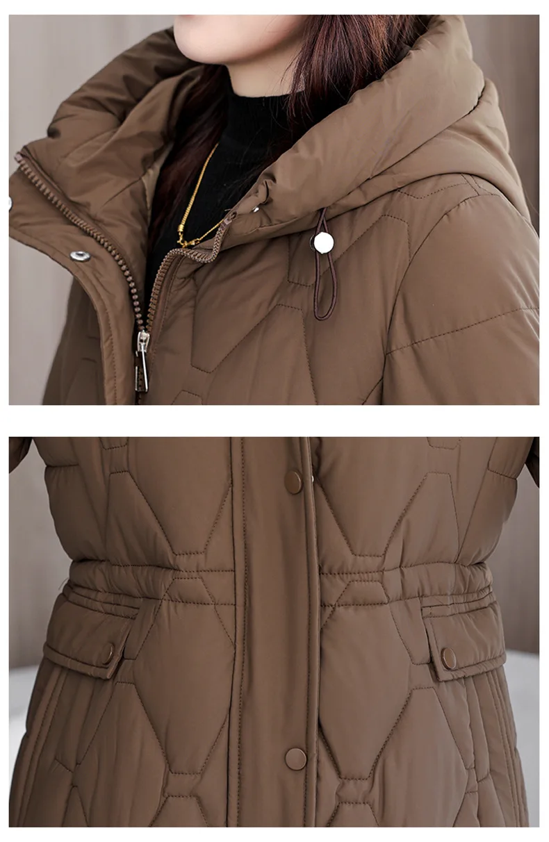 Hooded Oversize Parkas Coats Women Mid Length Jackets Diamond Quilt Zipper Pocket Waist Cinched Office Lady Casual 2025 Winter