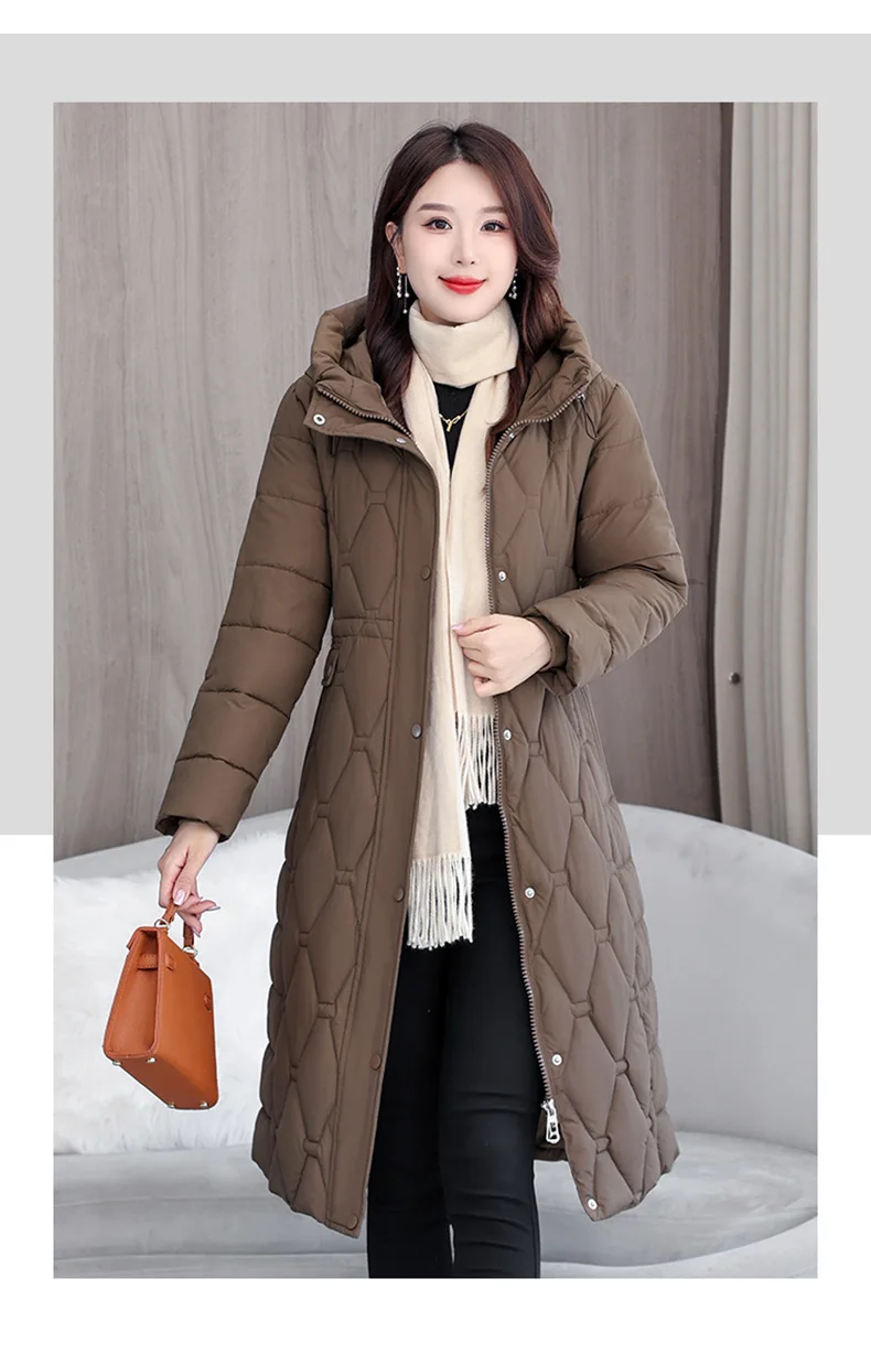 Hooded Oversize Parkas Coats Women Mid Length Jackets Diamond Quilt Zipper Pocket Waist Cinched Office Lady Casual 2025 Winter
