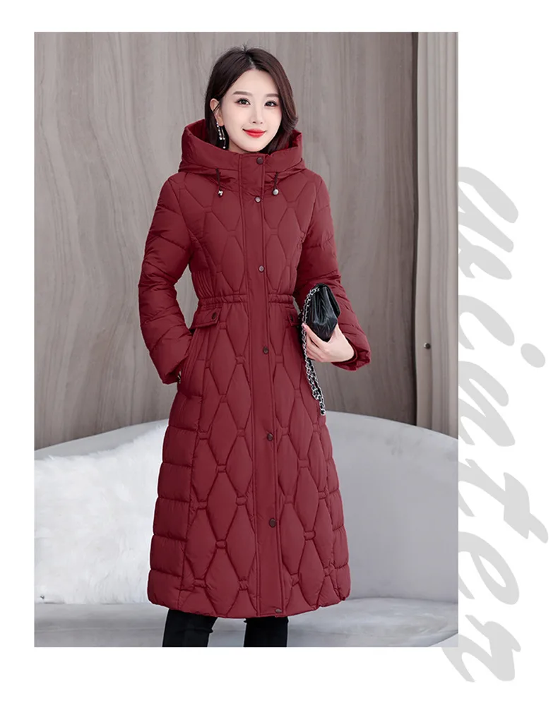 Hooded Oversize Parkas Coats Women Mid Length Jackets Diamond Quilt Zipper Pocket Waist Cinched Office Lady Casual 2025 Winter