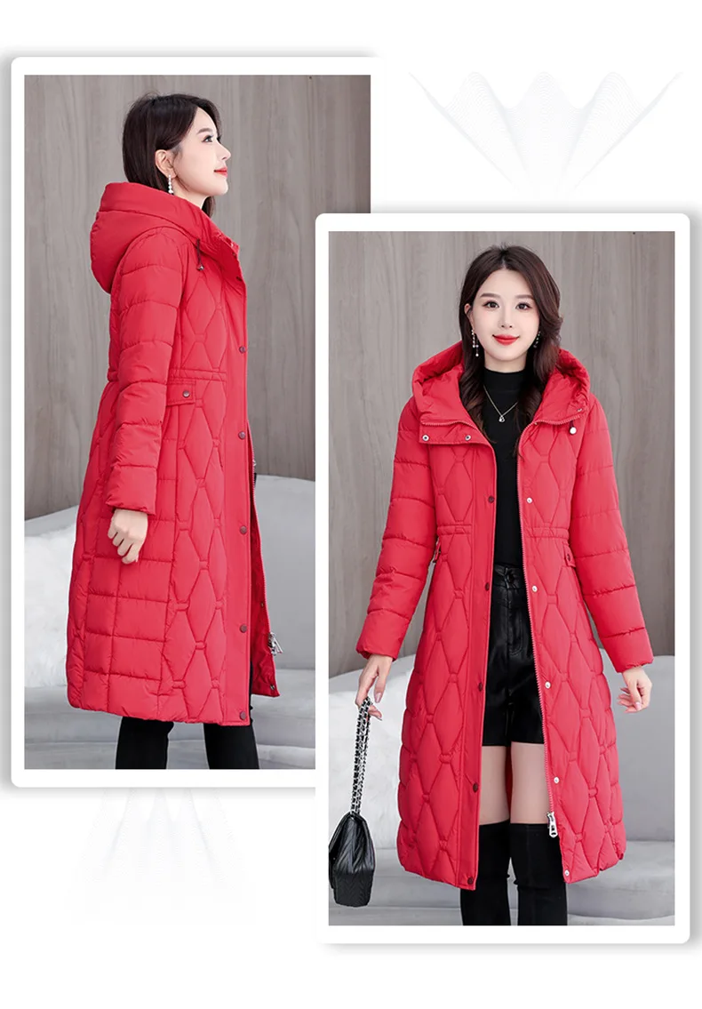 Hooded Oversize Parkas Coats Women Mid Length Jackets Diamond Quilt Zipper Pocket Waist Cinched Office Lady Casual 2025 Winter