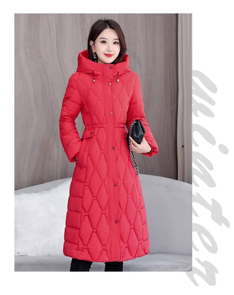 Hooded Oversize Parkas Coats Women Mid Length Jackets Diamond Quilt Zipper Pocket Waist Cinched Office Lady Casual 2025 Winter