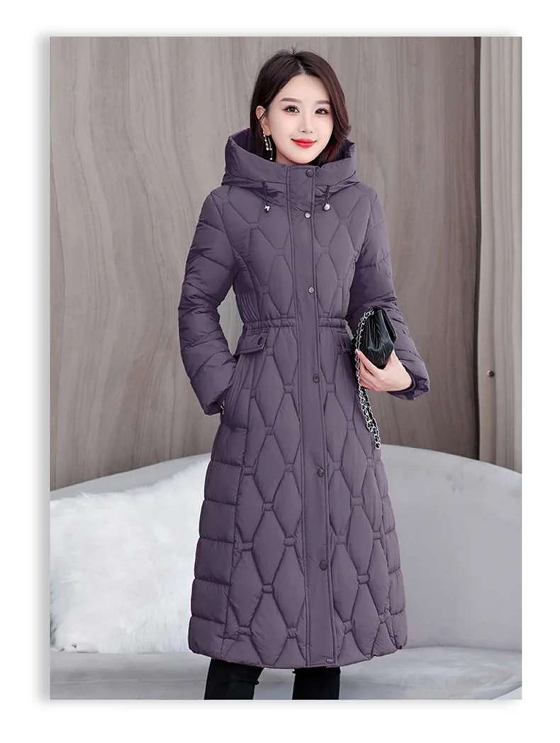 Hooded Oversize Parkas Coats Women Mid Length Jackets Diamond Quilt Zipper Pocket Waist Cinched Office Lady Casual 2025 Winter