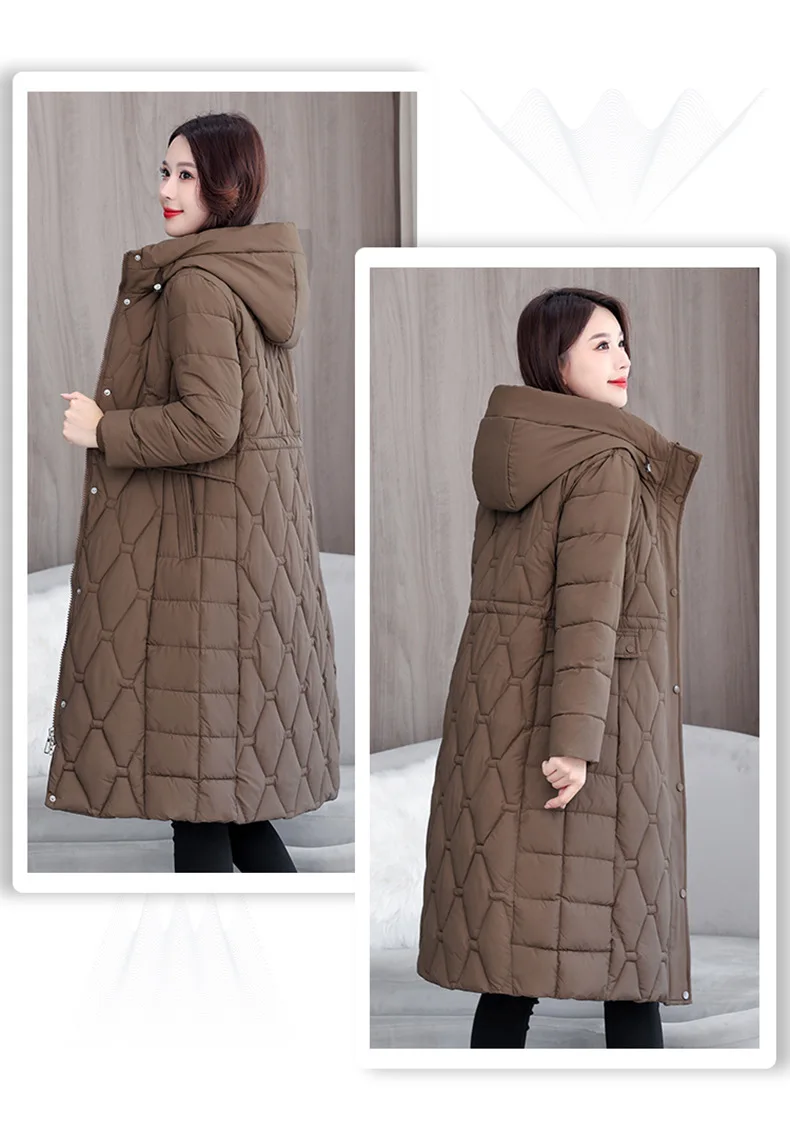 Hooded Oversize Parkas Coats Women Mid Length Jackets Diamond Quilt Zipper Pocket Waist Cinched Office Lady Casual 2025 Winter