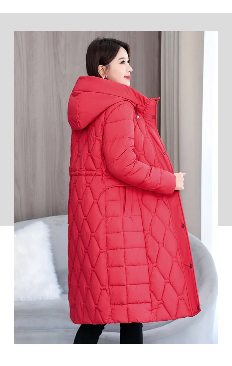 Hooded Oversize Parkas Coats Women Mid Length Jackets Diamond Quilt Zipper Pocket Waist Cinched Office Lady Casual 2025 Winter