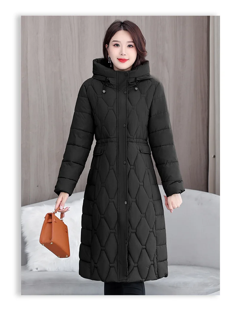 Hooded Oversize Parkas Coats Women Mid Length Jackets Diamond Quilt Zipper Pocket Waist Cinched Office Lady Casual 2025 Winter