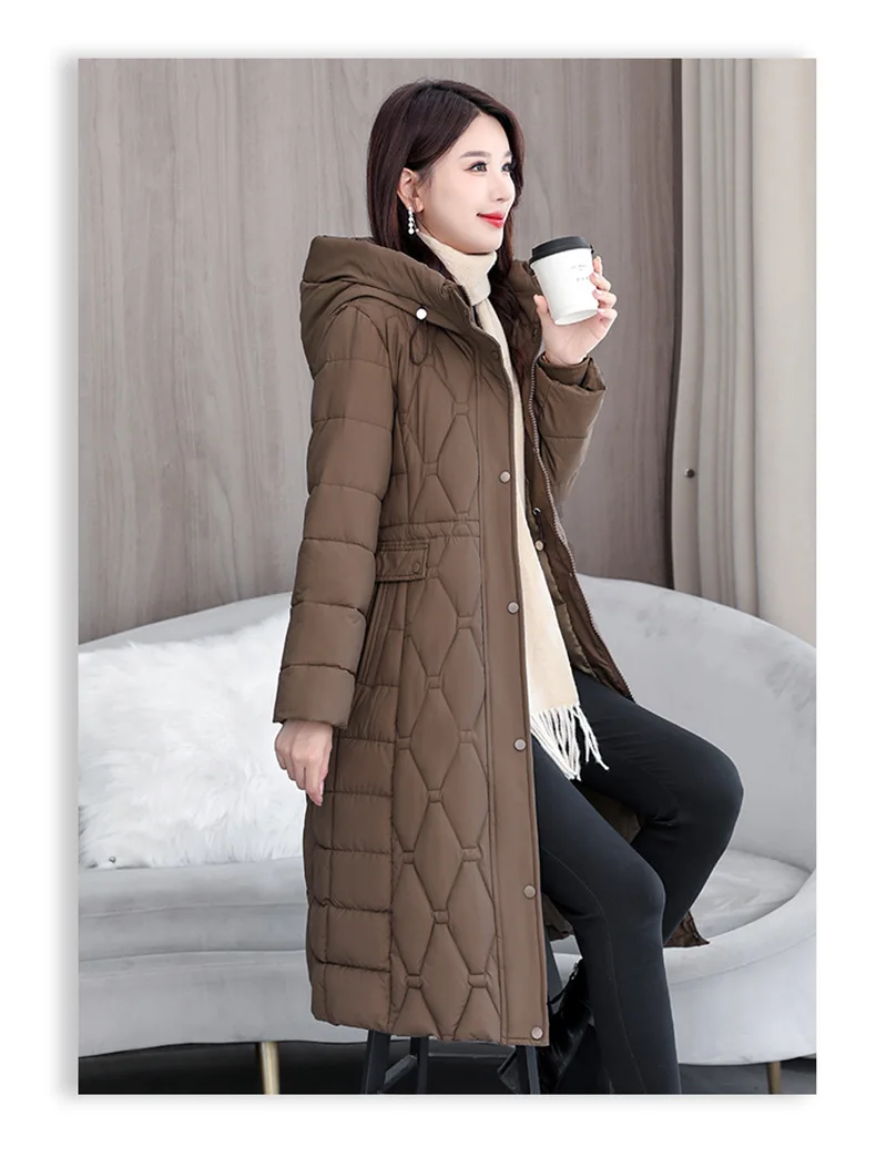 Hooded Oversize Parkas Coats Women Mid Length Jackets Diamond Quilt Zipper Pocket Waist Cinched Office Lady Casual 2025 Winter