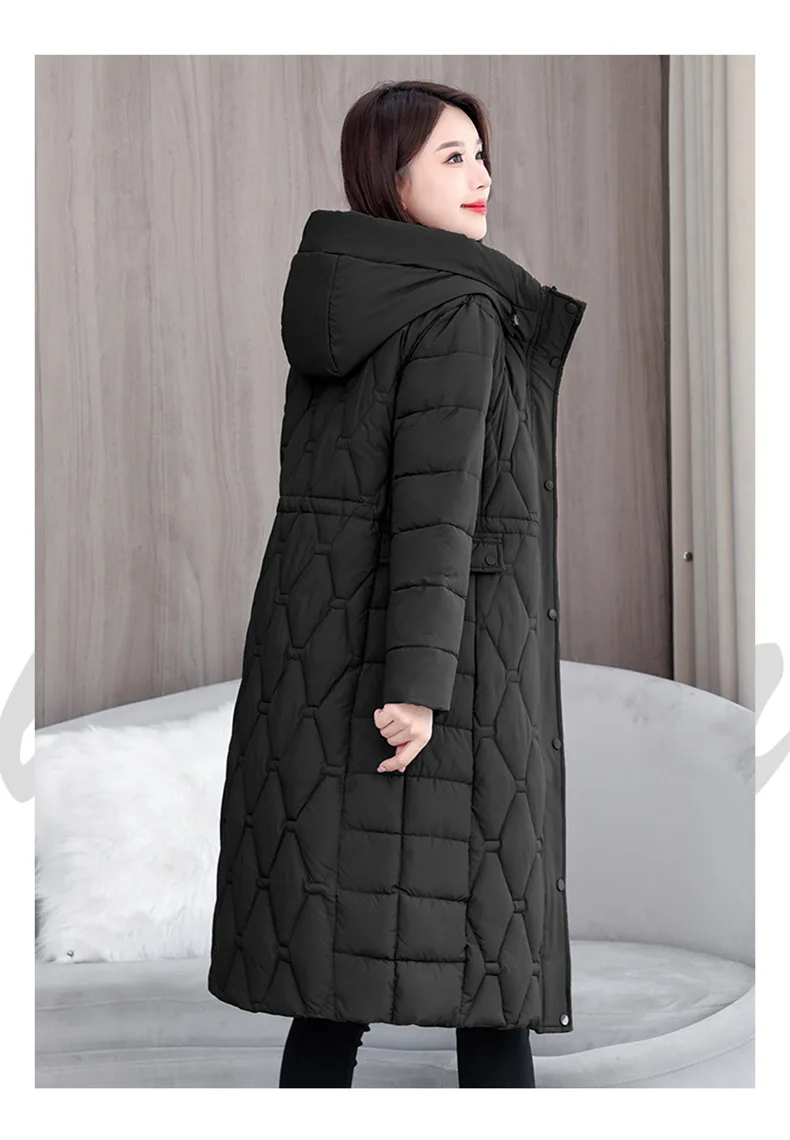 Hooded Oversize Parkas Coats Women Mid Length Jackets Diamond Quilt Zipper Pocket Waist Cinched Office Lady Casual 2025 Winter
