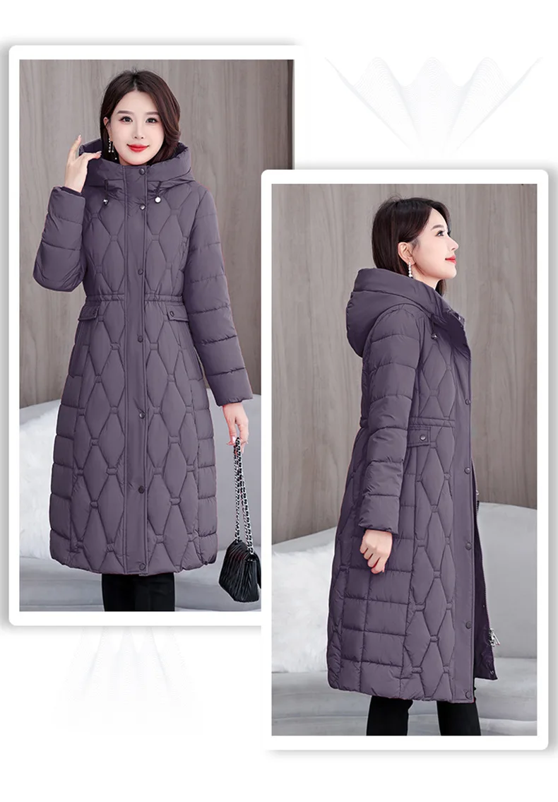 Hooded Oversize Parkas Coats Women Mid Length Jackets Diamond Quilt Zipper Pocket Waist Cinched Office Lady Casual 2025 Winter