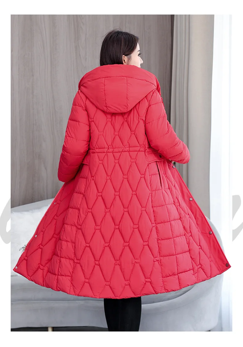 Hooded Oversize Parkas Coats Women Mid Length Jackets Diamond Quilt Zipper Pocket Waist Cinched Office Lady Casual 2025 Winter