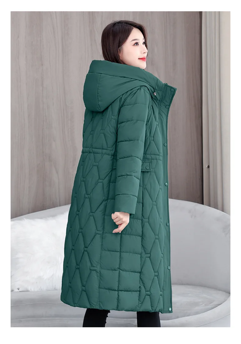 Hooded Oversize Parkas Coats Women Mid Length Jackets Diamond Quilt Zipper Pocket Waist Cinched Office Lady Casual 2025 Winter