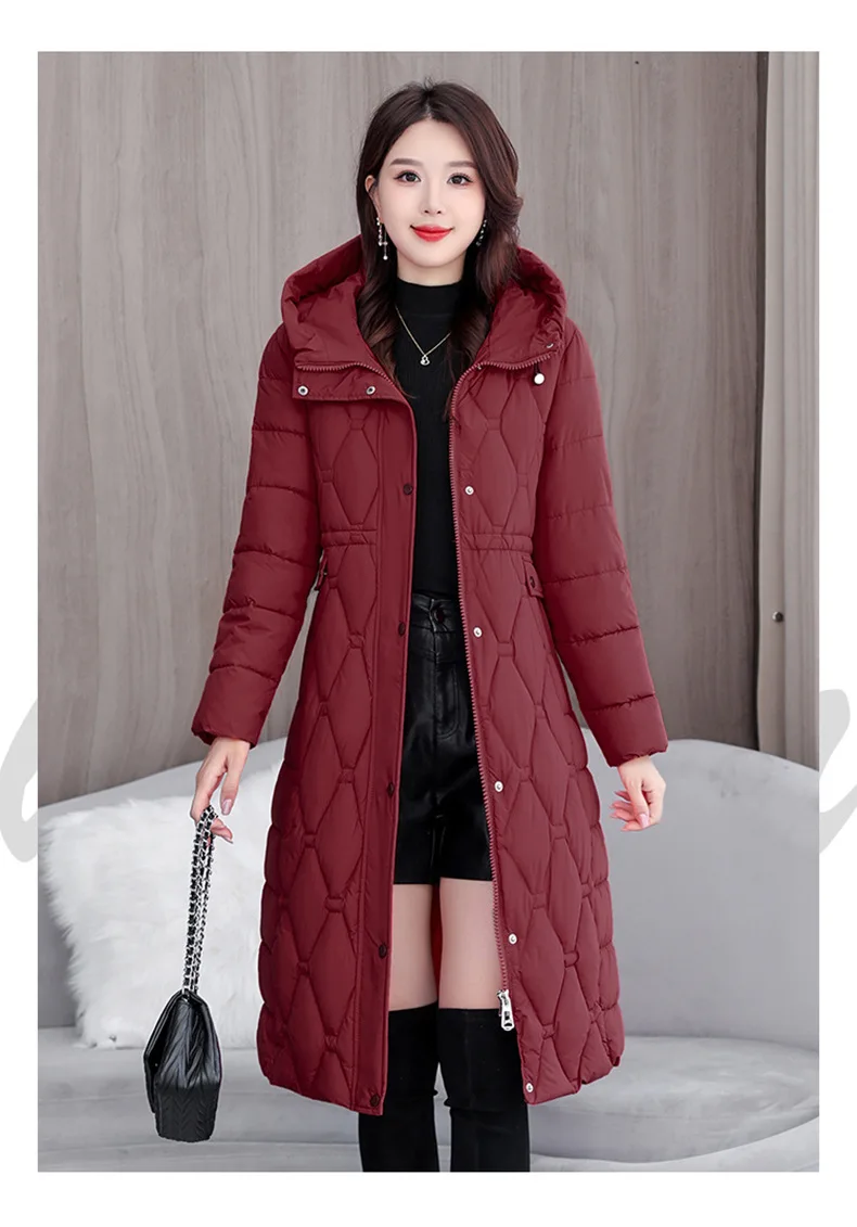 Hooded Oversize Parkas Coats Women Mid Length Jackets Diamond Quilt Zipper Pocket Waist Cinched Office Lady Casual 2025 Winter