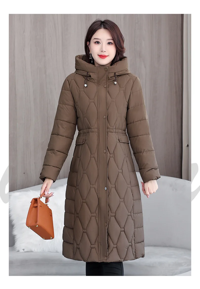 Hooded Oversize Parkas Coats Women Mid Length Jackets Diamond Quilt Zipper Pocket Waist Cinched Office Lady Casual 2025 Winter