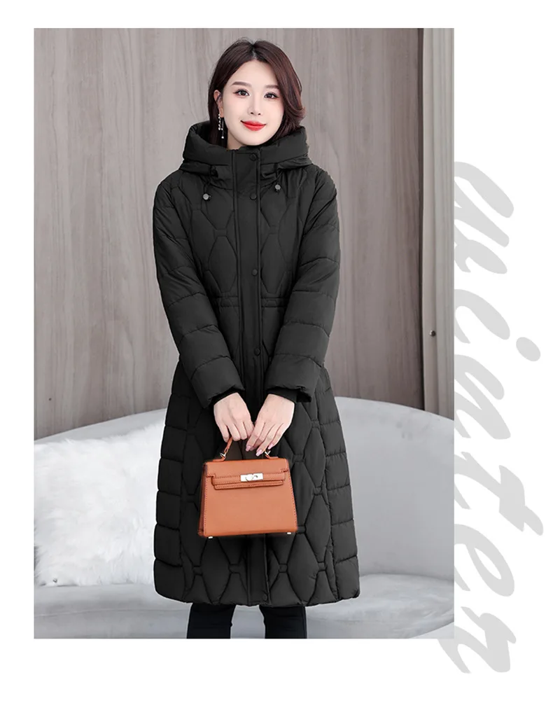 Hooded Oversize Parkas Coats Women Mid Length Jackets Diamond Quilt Zipper Pocket Waist Cinched Office Lady Casual 2025 Winter