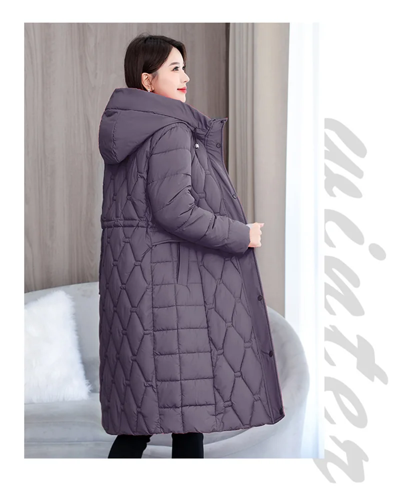 Hooded Oversize Parkas Coats Women Mid Length Jackets Diamond Quilt Zipper Pocket Waist Cinched Office Lady Casual 2025 Winter