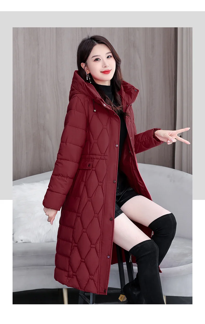 Hooded Oversize Parkas Coats Women Mid Length Jackets Diamond Quilt Zipper Pocket Waist Cinched Office Lady Casual 2025 Winter