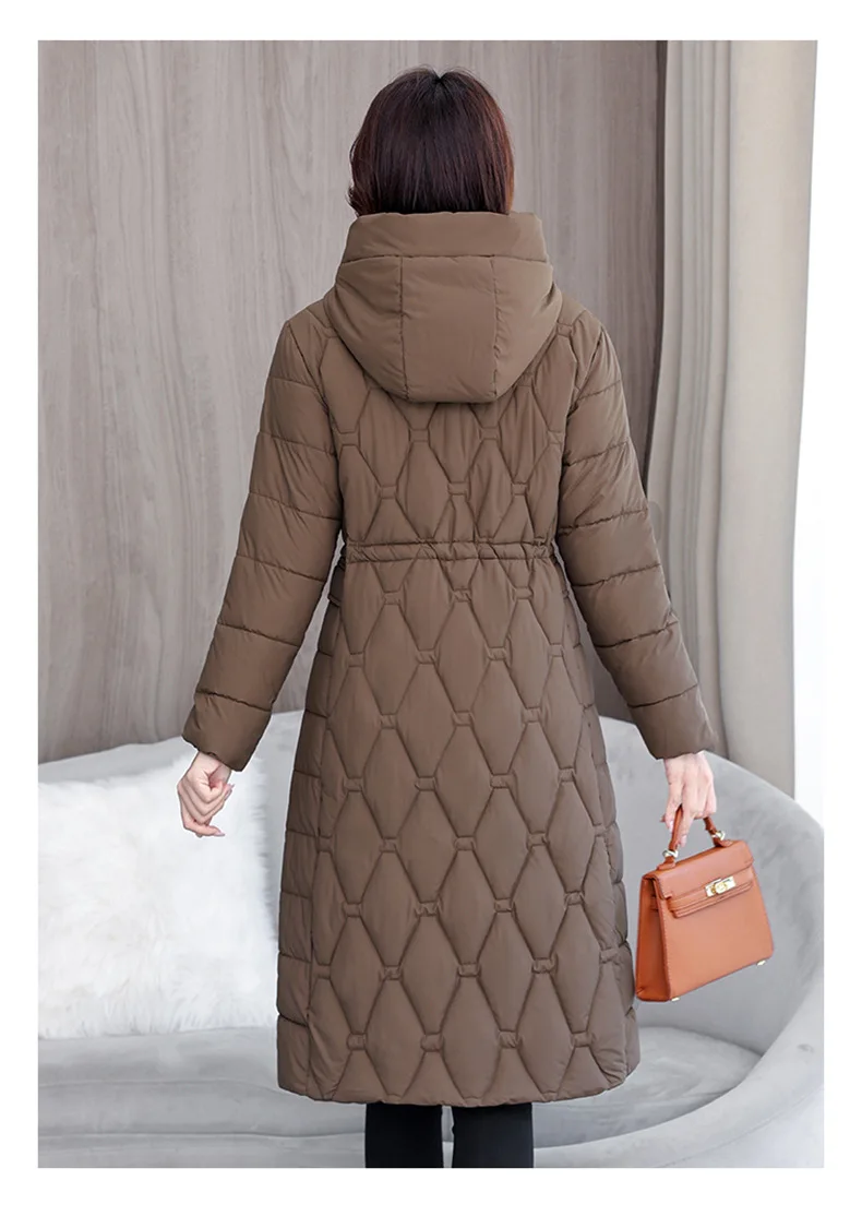 Hooded Oversize Parkas Coats Women Mid Length Jackets Diamond Quilt Zipper Pocket Waist Cinched Office Lady Casual 2025 Winter