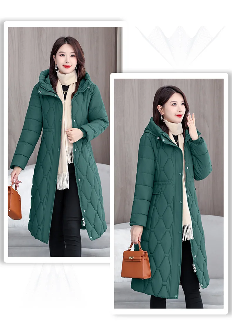 Hooded Oversize Parkas Coats Women Mid Length Jackets Diamond Quilt Zipper Pocket Waist Cinched Office Lady Casual 2025 Winter