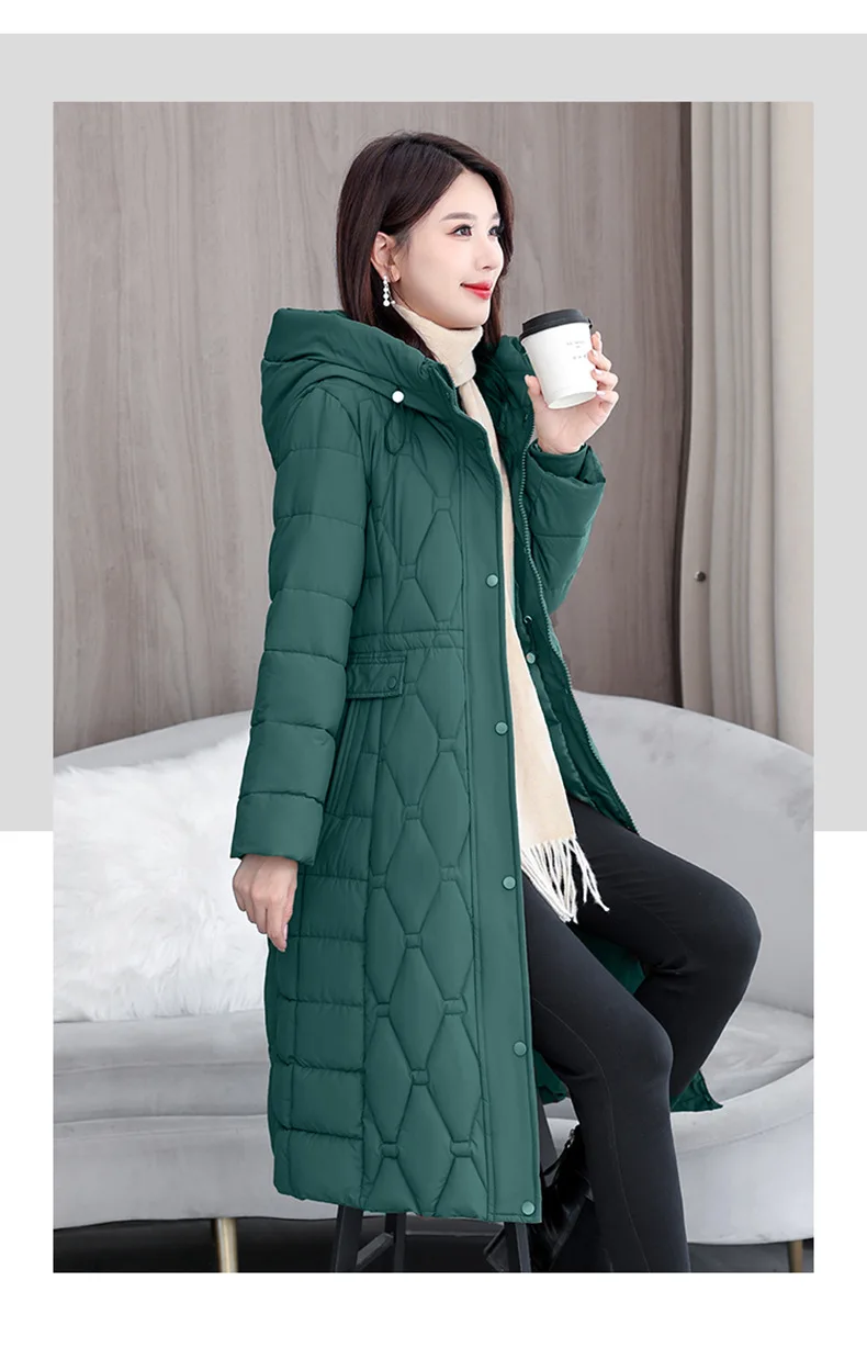 Hooded Oversize Parkas Coats Women Mid Length Jackets Diamond Quilt Zipper Pocket Waist Cinched Office Lady Casual 2025 Winter