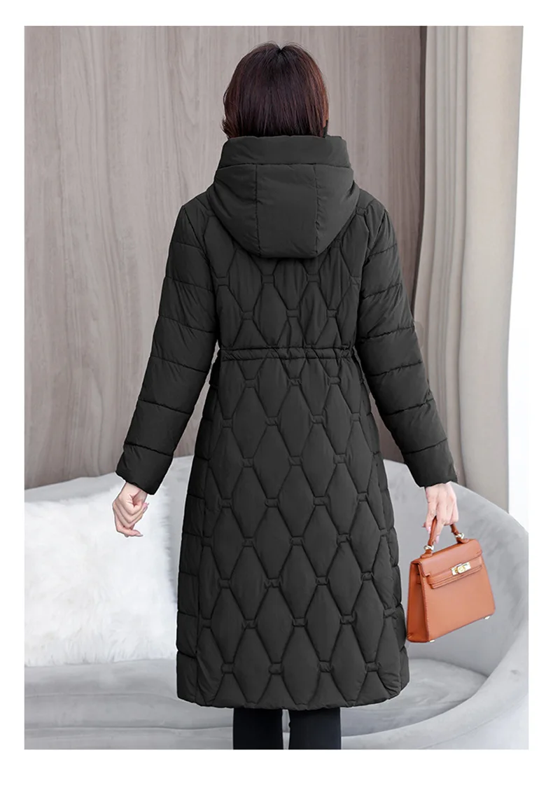Hooded Oversize Parkas Coats Women Mid Length Jackets Diamond Quilt Zipper Pocket Waist Cinched Office Lady Casual 2025 Winter