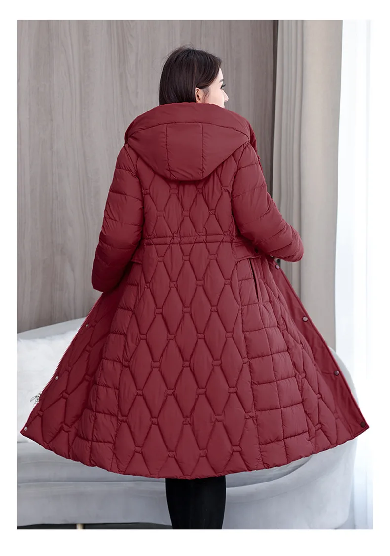Hooded Oversize Parkas Coats Women Mid Length Jackets Diamond Quilt Zipper Pocket Waist Cinched Office Lady Casual 2025 Winter