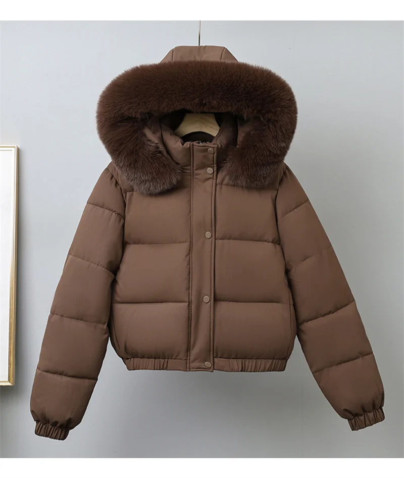 Winter Short Parkas Women's Cotton-padded Clothes Fleece Lining Thicken Warm Outerwear Fur Collar Removable Hooded Quilted Coat