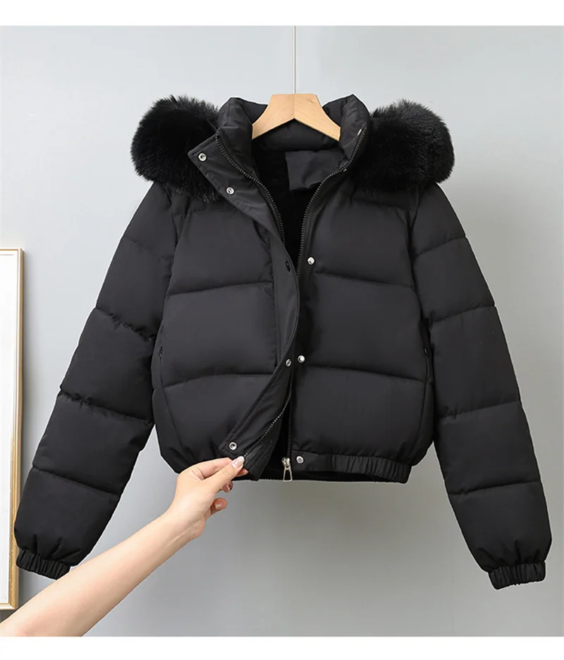 Winter Short Parkas Women's Cotton-padded Clothes Fleece Lining Thicken Warm Outerwear Fur Collar Removable Hooded Quilted Coat