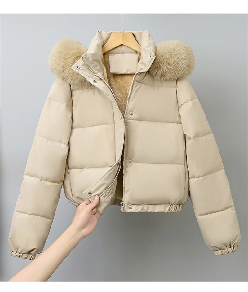 Winter Short Parkas Women's Cotton-padded Clothes Fleece Lining Thicken Warm Outerwear Fur Collar Removable Hooded Quilted Coat