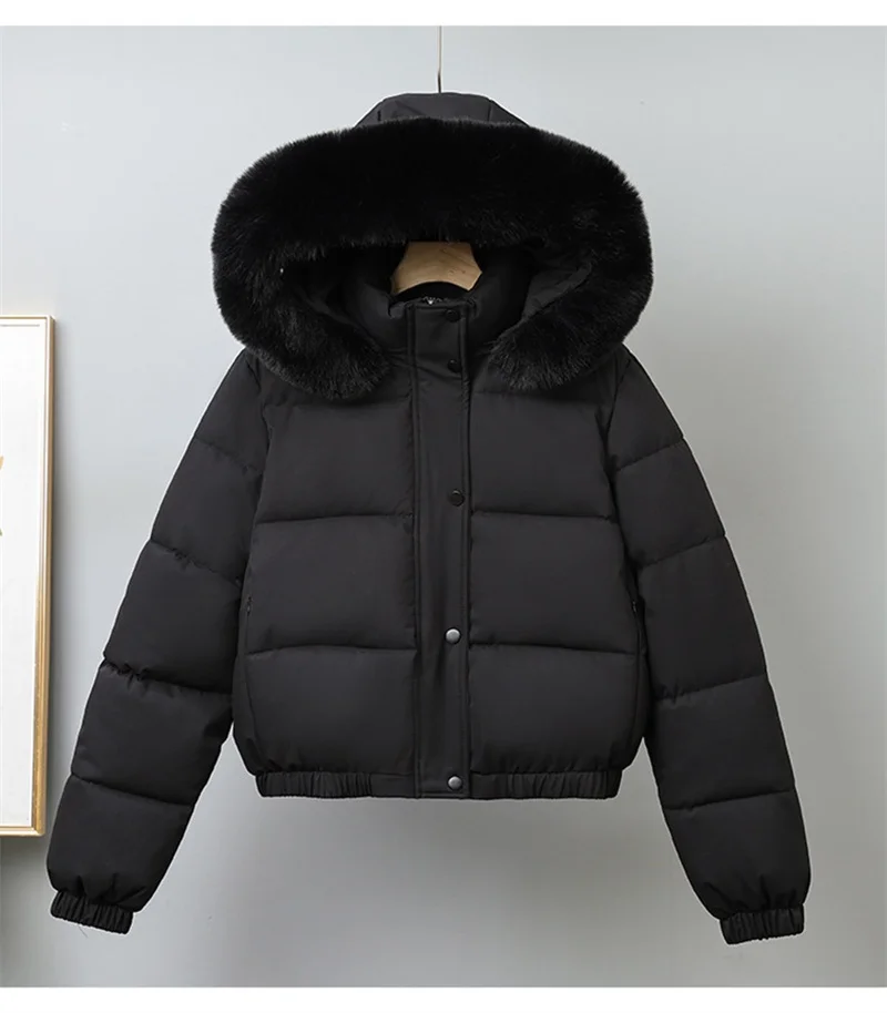 Winter Short Parkas Women's Cotton-padded Clothes Fleece Lining Thicken Warm Outerwear Fur Collar Removable Hooded Quilted Coat