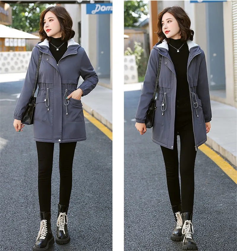 Windbreaker Women Jackets New Winter Mid-Length Loose Coat Hooded Lace-UP Female Jacket Plus Velvet Warm Outwear Ladies Outcoat