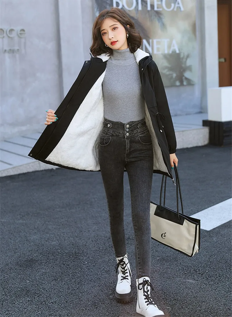 Windbreaker Women Jackets New Winter Mid-Length Loose Coat Hooded Lace-UP Female Jacket Plus Velvet Warm Outwear Ladies Outcoat