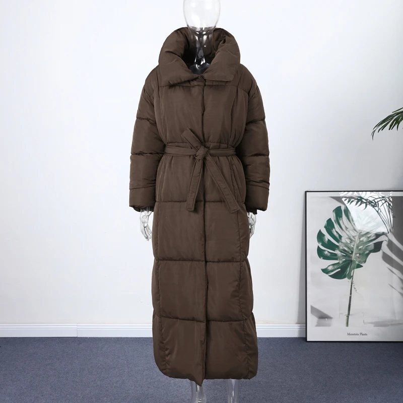 Casual Lace-up Long Padded Jackets Women's Loose Full Sleeves Stand Collar Pocket Maxi Coat 2026 New Winter Ladies Solid Outwear