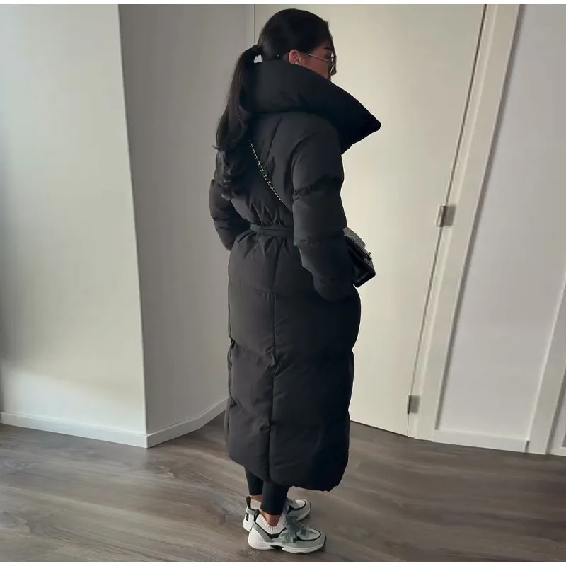 Casual Lace-up Long Padded Jackets Women's Loose Full Sleeves Stand Collar Pocket Maxi Coat 2026 New Winter Ladies Solid Outwear