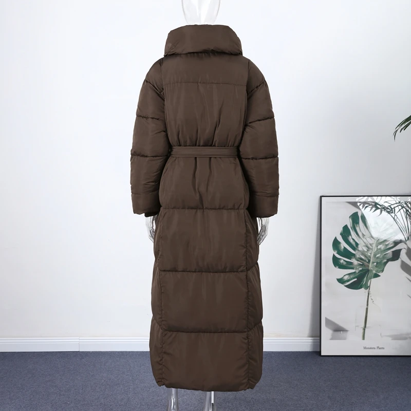 Casual Lace-up Long Padded Jackets Women's Loose Full Sleeves Stand Collar Pocket Maxi Coat 2026 New Winter Ladies Solid Outwear