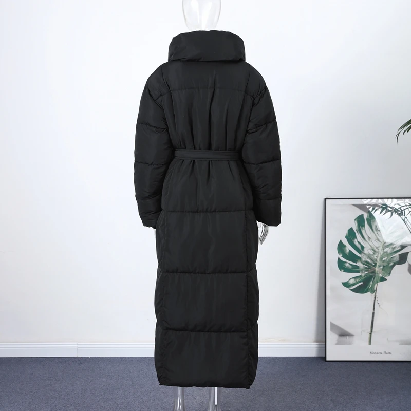 Casual Lace-up Long Padded Jackets Women's Loose Full Sleeves Stand Collar Pocket Maxi Coat 2026 New Winter Ladies Solid Outwear
