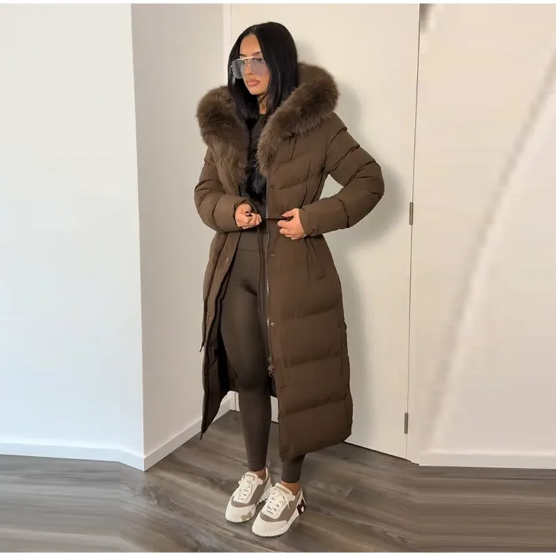 Casual Lace-up Long Padded Jackets Women's Loose Full Sleeves Stand Collar Pocket Maxi Coat 2026 New Winter Ladies Solid Outwear