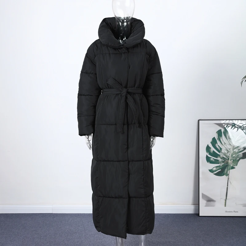 Casual Lace-up Long Padded Jackets Women's Loose Full Sleeves Stand Collar Pocket Maxi Coat 2026 New Winter Ladies Solid Outwear
