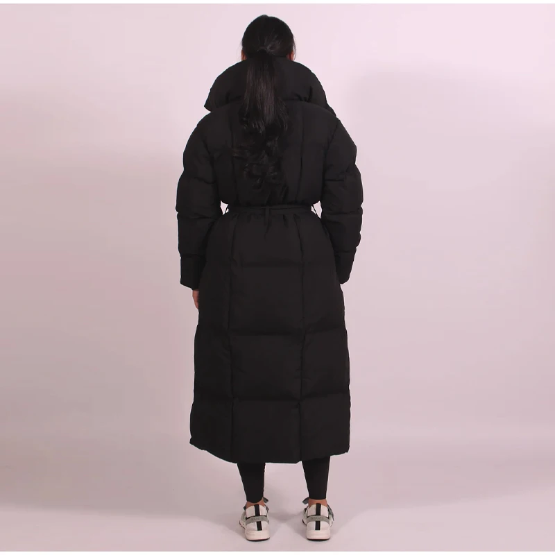 Casual Lace-up Long Padded Jackets Women's Loose Full Sleeves Stand Collar Pocket Maxi Coat 2026 New Winter Ladies Solid Outwear