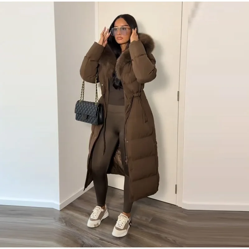 Casual Lace-up Long Padded Jackets Women's Loose Full Sleeves Stand Collar Pocket Maxi Coat 2026 New Winter Ladies Solid Outwear
