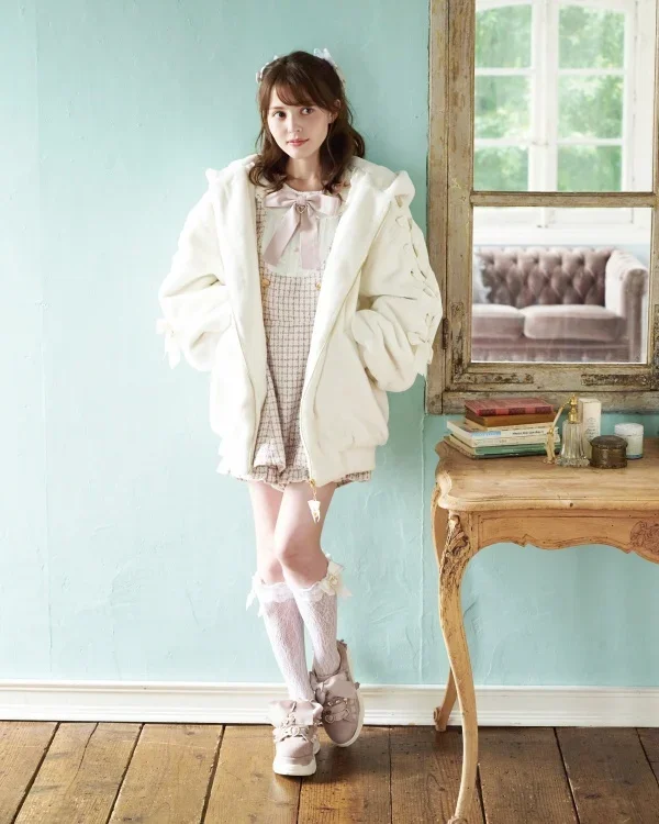 High Quality Japanese Winter New Sweet Cute Mine Cute Rabbit Ear Plush Cotton Coat Jacket Girl Lolita Fur Coats Women Parkas